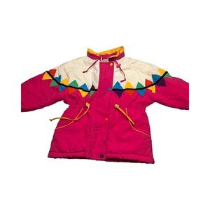 Vintage Honors Kids Pink Colorblock Puffer Jacket 90s Geometric Ski Size M 7-8